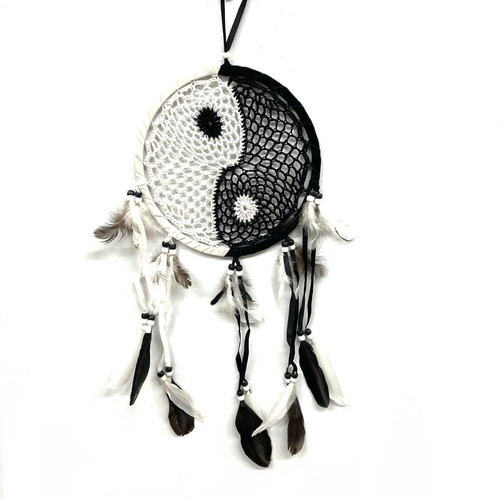 Large Black and White Yin Yang Dream Catcher Crocheted with Feathers 1 Count 8" Wide