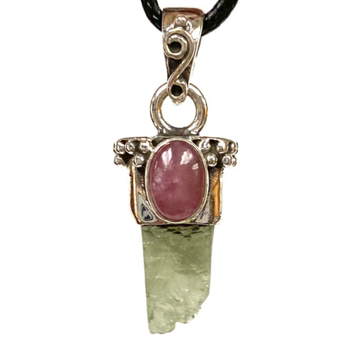 Moldavite with Pink Tourmaline Sterling Silver Pendant Moldavite with Pink Tourmaline Sterling Silver Pendant
