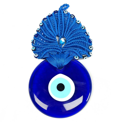 Large Evil Eye Macramé with Hand Blown Beads 5" x 10" 1 Count Large Evil Eye Macramé with Hand Blown Beads 5" x 10" 1 Count