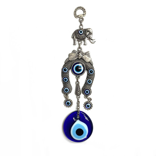 Luck Elephant and Horseshoe Turkish Evil Eye Metal Wall Decor 2.5"x9"