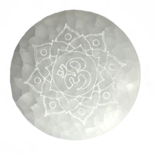 Ohm Flower Circle Selenite Cleansing Plate 4" +- Ohm Flower Circle Selenite Cleansing Plate 4" +-