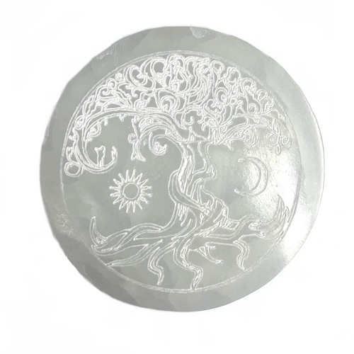Sacred Night and Day Tree Circle Selenite Cleansing Plate 4.25" +- Sacred Night and Day Tree Circle Selenite Cleansing Plate 4.25" +-