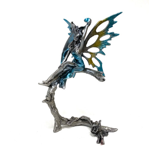 Blue and Yellow Pewter Fairy Sitting on Roses by Paykoc Imports P6092 Blue and Yellow Pewter Fairy Sitting on Roses by Paykoc Imports P6092