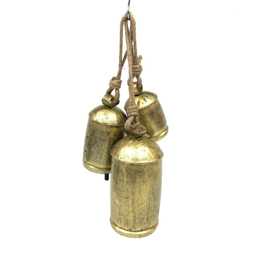 Etched Sacred Spirit Bells on Rope Set of 3 - 3", 4", 5" Tall