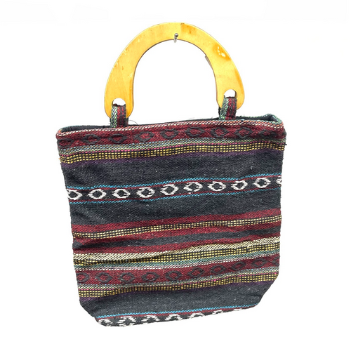 Boho Bag Jute With Wooden Handle Patchwork Boho Bag Jute With Wooden Handle Patchwork