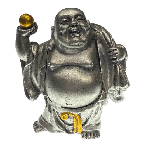 Pewter Buddha Statue with gold ball and bag Pewter Buddha Statue with gold ball and bag