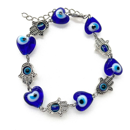 12mm Glass Evil Eye Heart and Hamsa Hand Chain Bracelet 12mm Glass Evil Eye Heart and Hamsa Hand Chain Bracelet