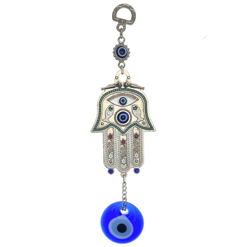 Decorated Metal Hand Of Fatima With Small Evil Eye Hanging 9"