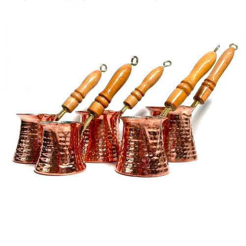Turkish Coffee Pot Cezve Copper with Nickle Lining And Wooden Handle 5 Piece Set