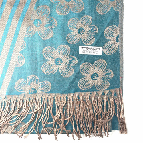 Teal Blue Diamonds and Flowers Pashmina Scarf Teal Blue Diamonds and Flowers Pashmina Scarf