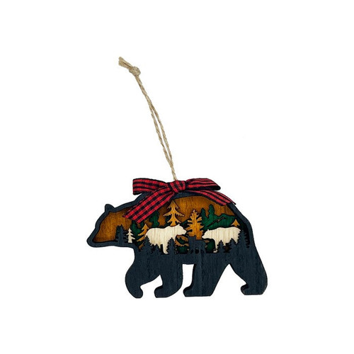 Multi Layered Wooden Black Bear Ornament with Ribbon 1 Count Multi Layered Wooden Black Bear Ornament with Ribbon 1 Count