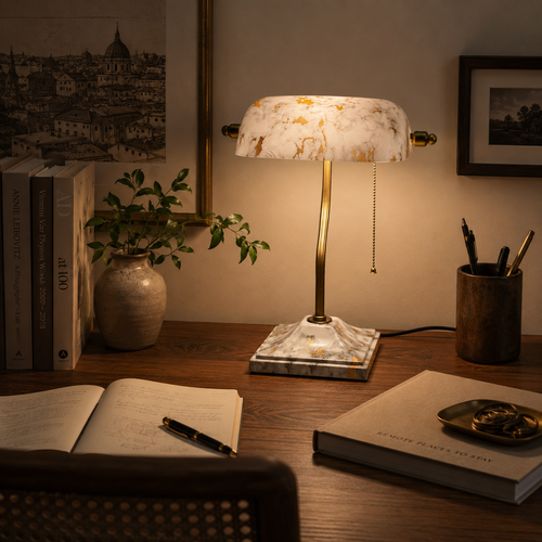 White Marble Banker Table Lamp with Gold Accent