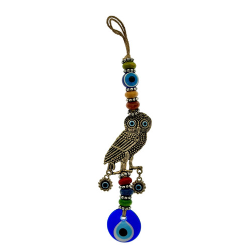 11" Silver Owl Evil Eye Wall Hanging with Colorful Wooden Beads & Blue Glass Nazar Charm