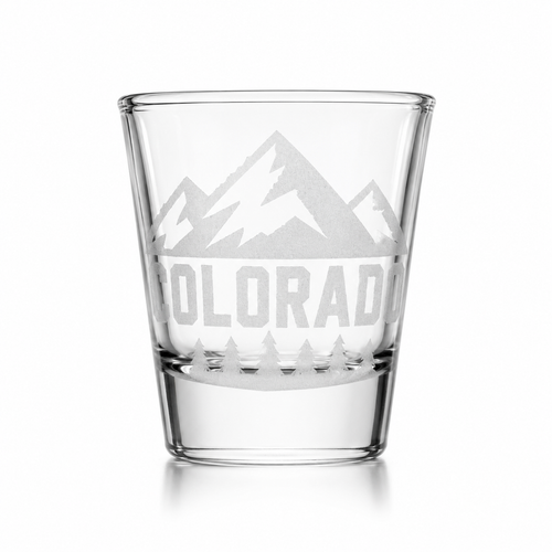 Colorado Mountain Engraved Shot Glass – 1 1/2 Oz Clear Souvenir Glass with Pine Tree Design