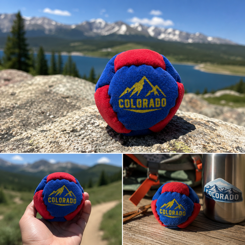 Colorado Kick Sack – Soft Footbag with Mountain Logo | Red, Blue & Gold