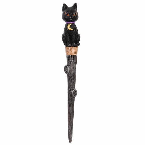 Black Cat Crescent Moon Witch Wand – 9"