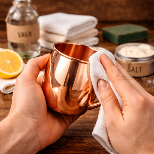 Hand buffing a polished copper mug with a soft cloth