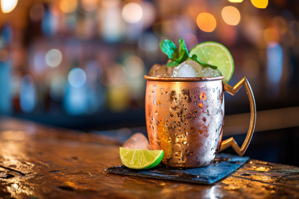 Icy cold Moscow Mule in a sweating copper mug