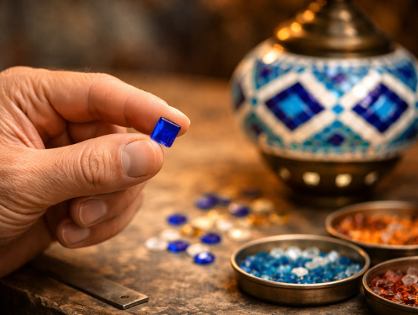 Close-up of artisan placing glass pieces on a mosaic lamp globe