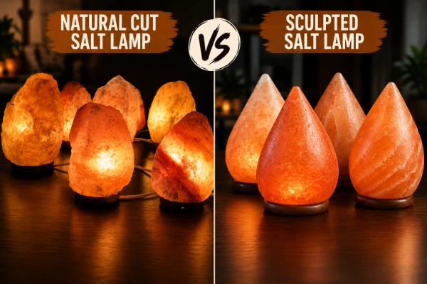 Comparison of natural-cut and sculpted salt lamps