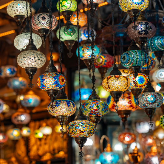Mosaic hanging lamps in a retail shop