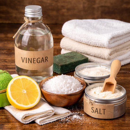 Cleaning kit for copper mugs including lemon, salt, vinegar, and cloths