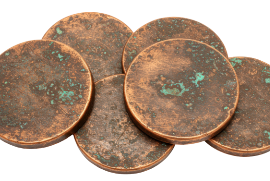 Solid copper plates with natural copper oxide and verdigris