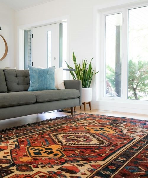 Living room with gray sofa and brightly colored Turkish rug