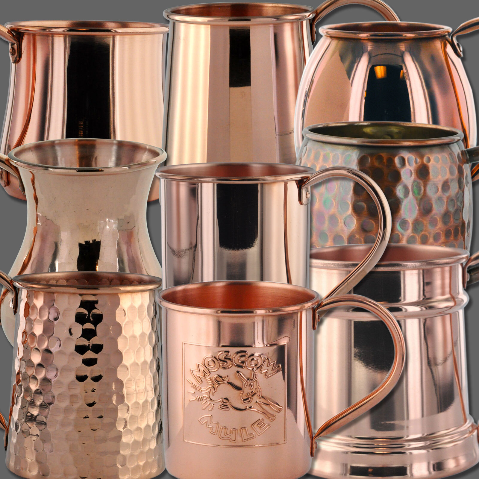 Assorted copper mug styles and finishes