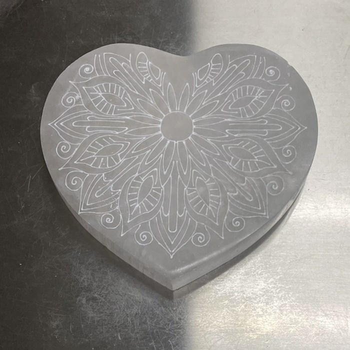 Heart-shaped selenite charging plate with custom engraving