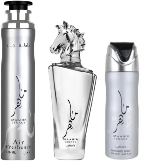 LATTAFA MAAHIR LEGACY SET EDP 100+AIR FRESHENER 300 ML+PERFUM SPRAY 200 ML