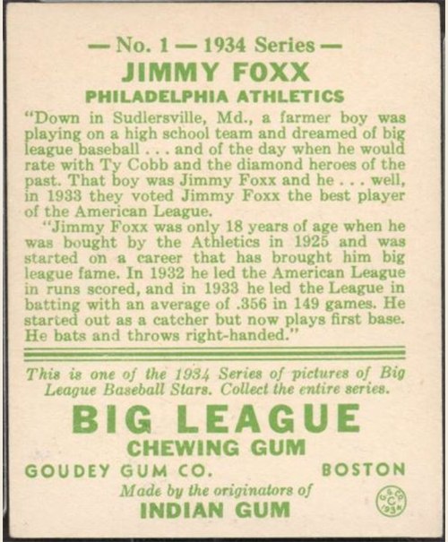 1934 Goudey #1 Jimmie Foxx card back