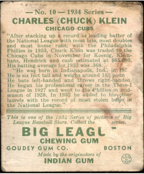 1934 Goudey #10 Chuck Klein card back