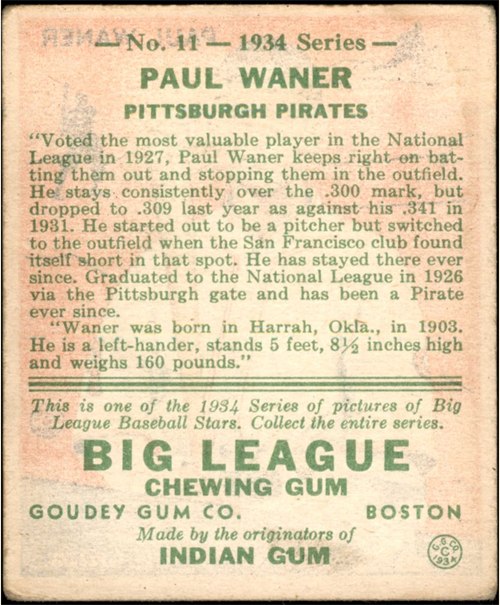 1934 Goudey #11 Paul Waner card back