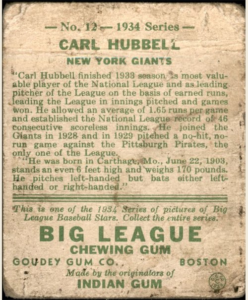 1934 Goudey #12 Carl Hubbell card back
