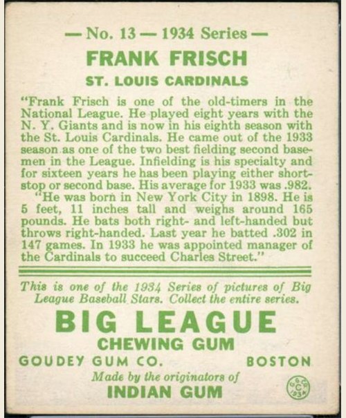 1934 Goudey #13 Frankie Frisch card back
