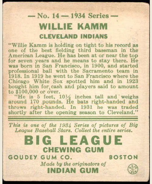 1934 Goudey #14 Willie Kamm card back