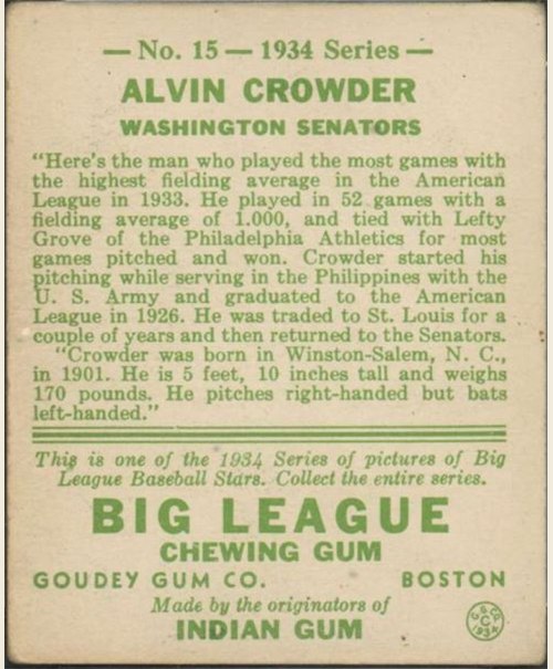 1934 Goudey #15 Alvin Crowder card back