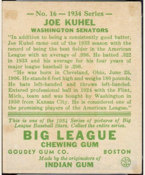 1934 Goudey #16 Joe Kuhel card back
