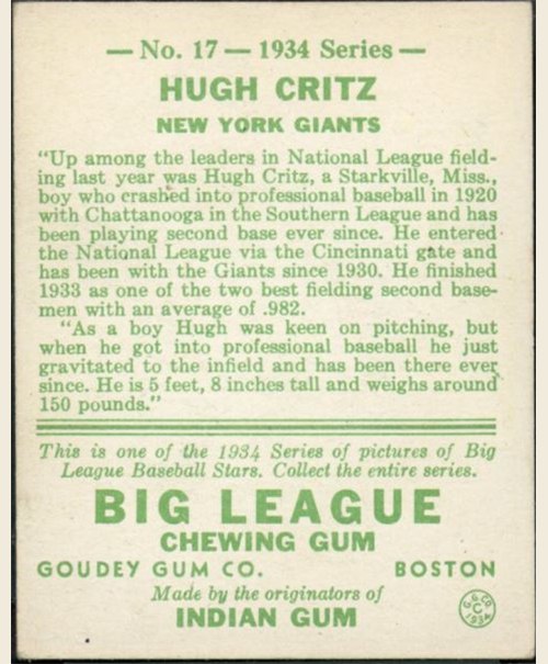 1934 Goudey #17 Hugh Critz card back
