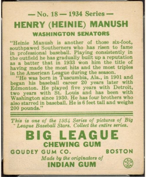 1934 Goudey #18 Heinie Manush card back