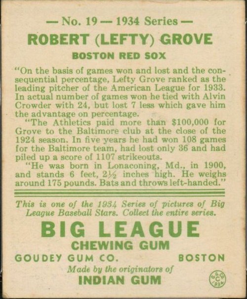 1934 Goudey #19 Lefty Grove card back