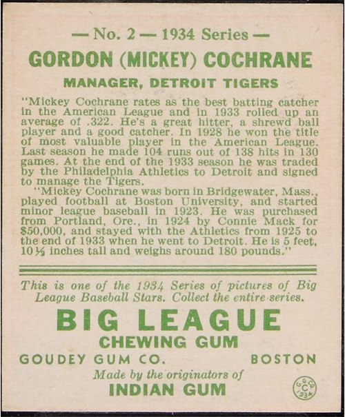 1934 Goudey #2 Mickey Cochrane card back