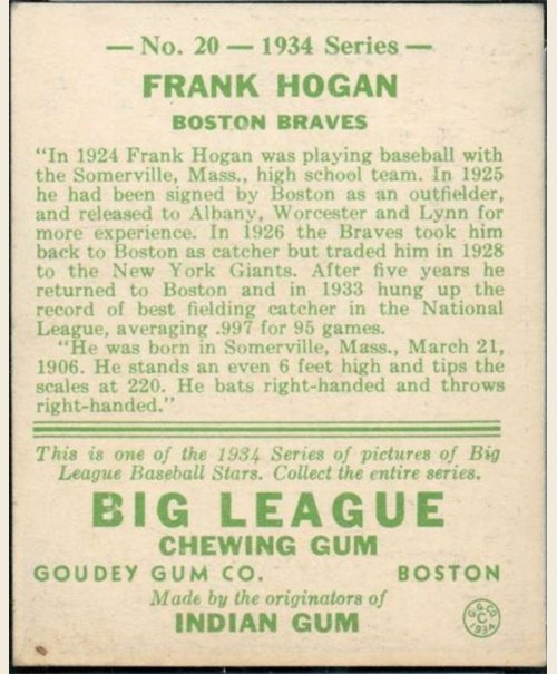 1934 Goudey #20 Shanty Hogan card back