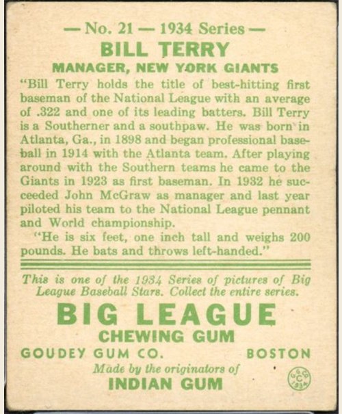 1934 Goudey #21 Bill Terry card back