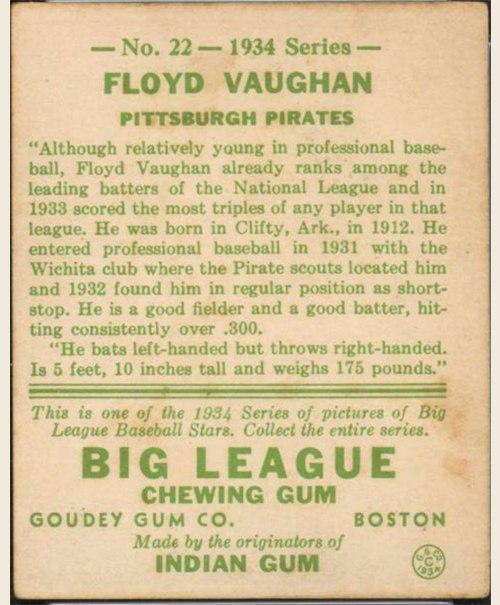 1934 Goudey #22 Floyd Vaughan card back