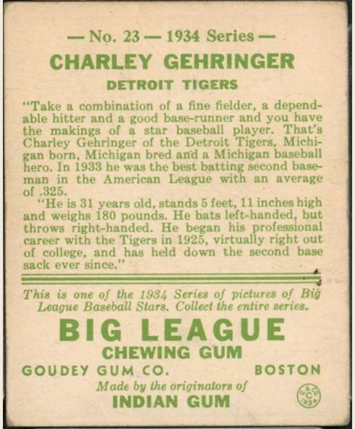 1934 Goudey #23 Charlie Gehringer card back