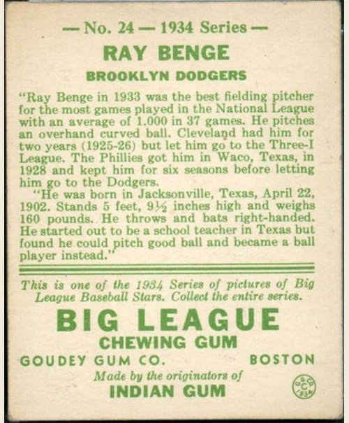 1934 Goudey #24 Ray Benge card back