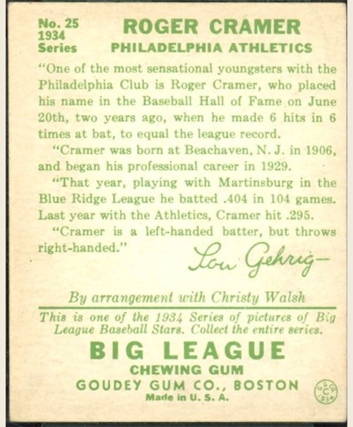 1934 Goudey #25 Doc Cramer card back