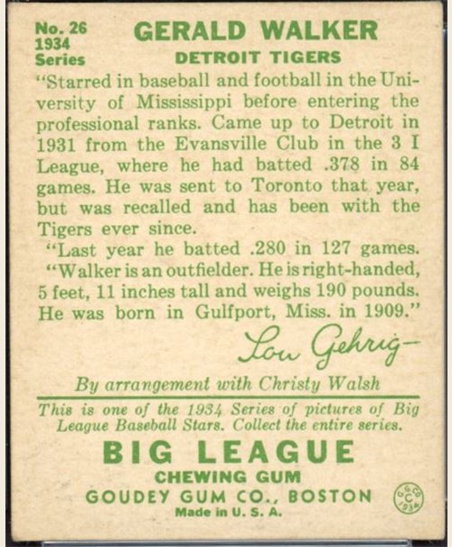 1934 Goudey #26 Gee Walker card back
